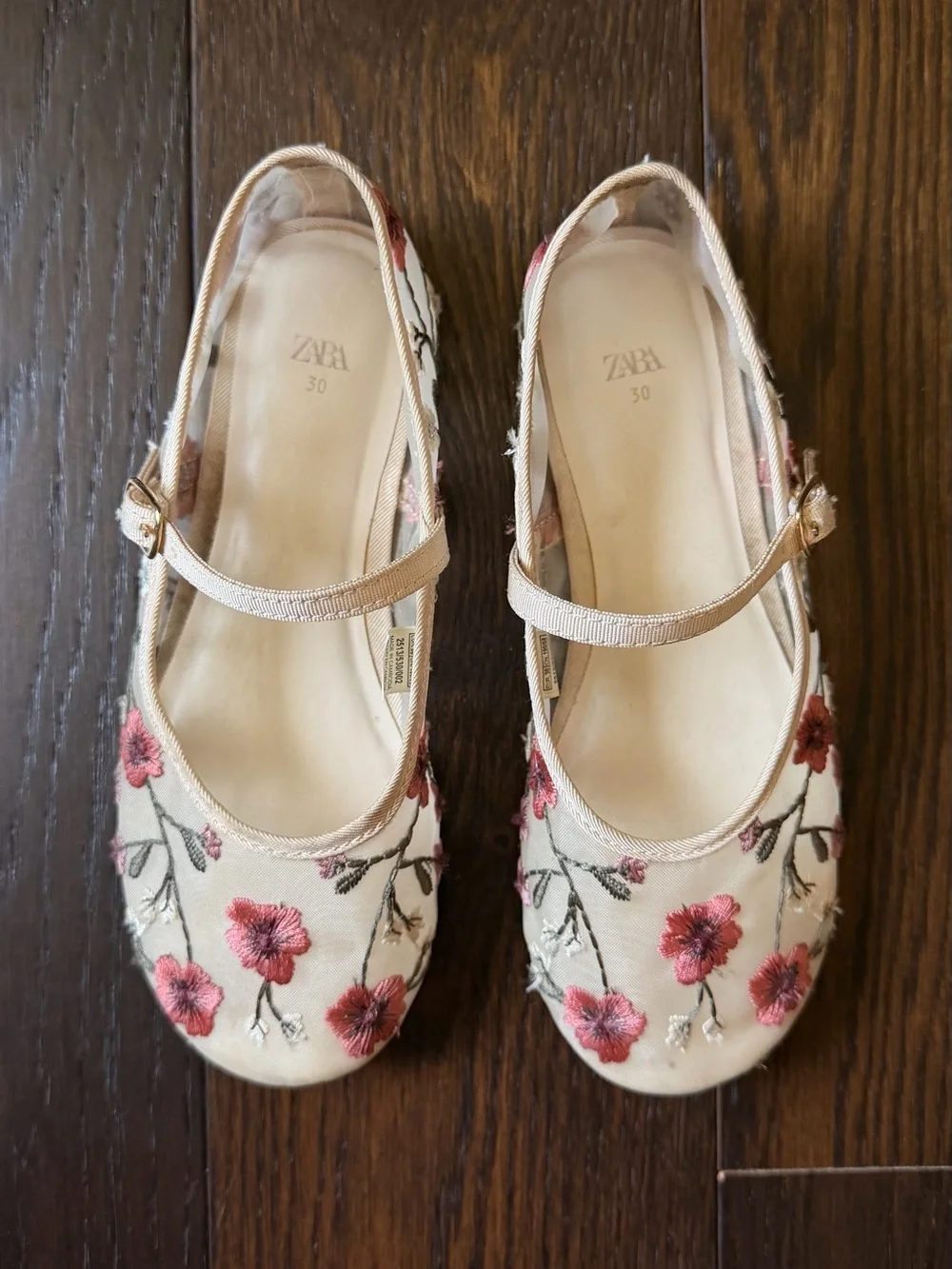 Zara Kida Floral Embroidery Mary Jane Flats, Pink/Cream, Size 12-12.5 (EU 30)